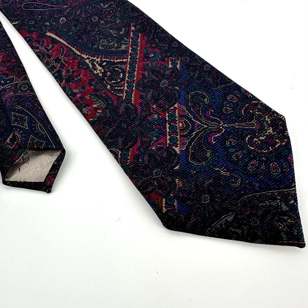 Christian Dior Mens Silk Tie Purple Blue Burgundy Paisley Made in USA 3.25